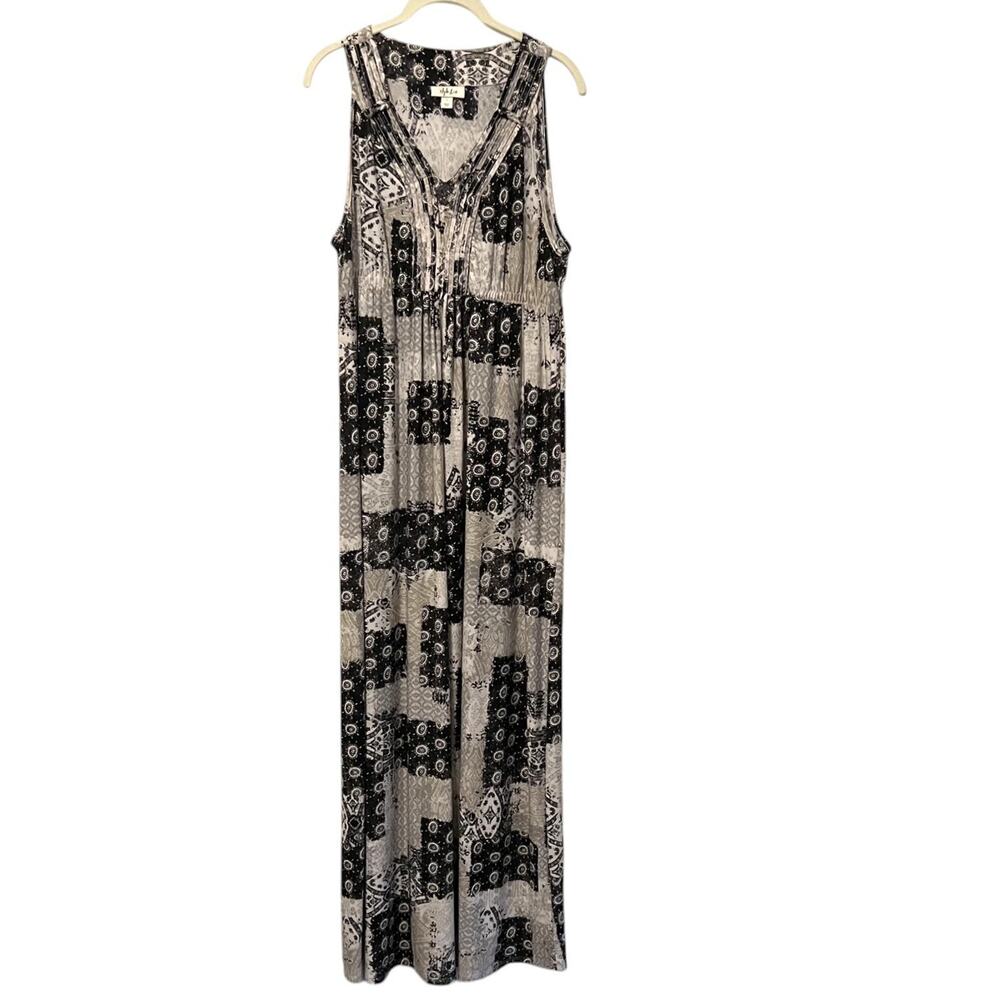 Style & Co Womens Maxi Dress Large Black Gray Patchwork Sleeveless Stretch